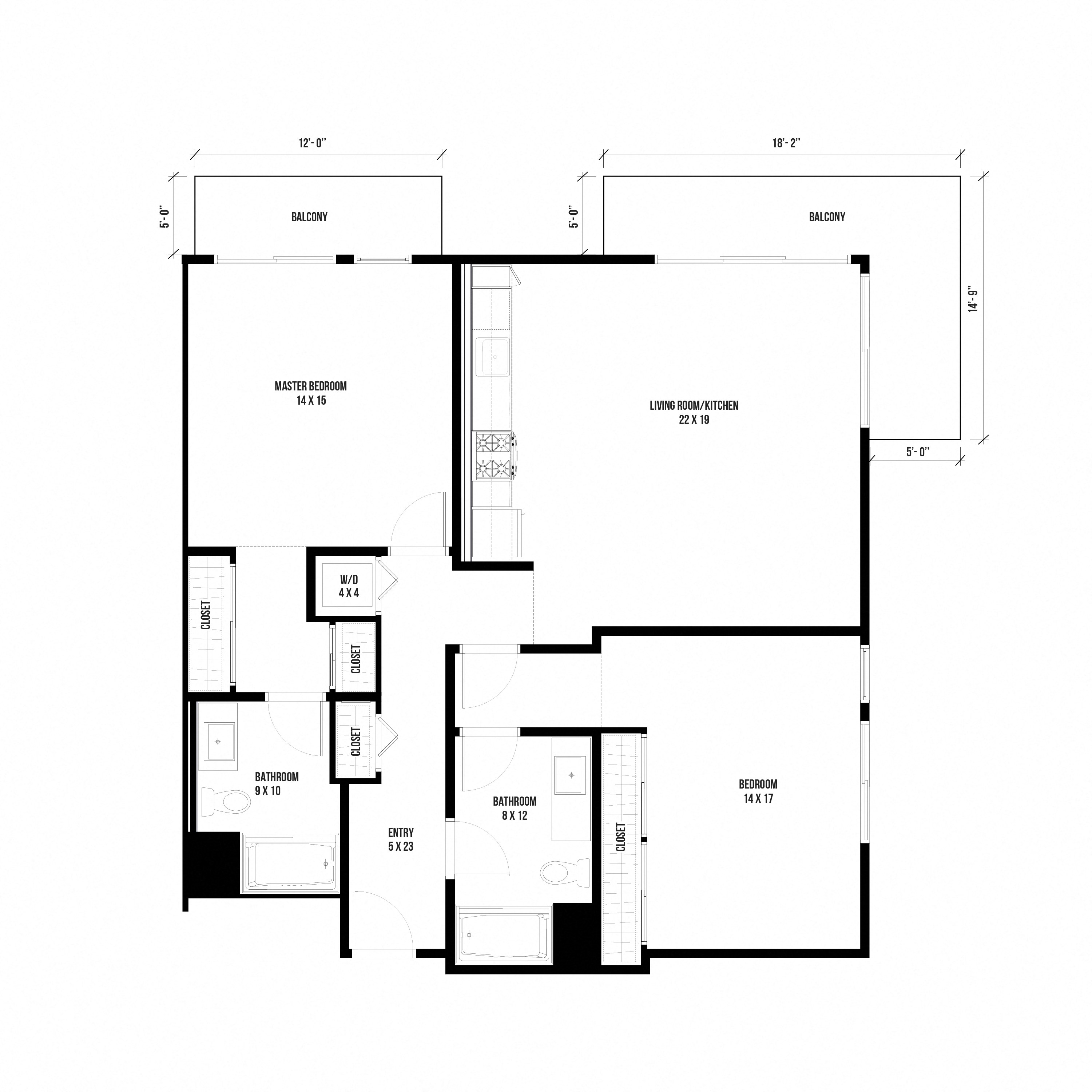 Floor plan for 2 beds, 2 baths, 1257 sqft